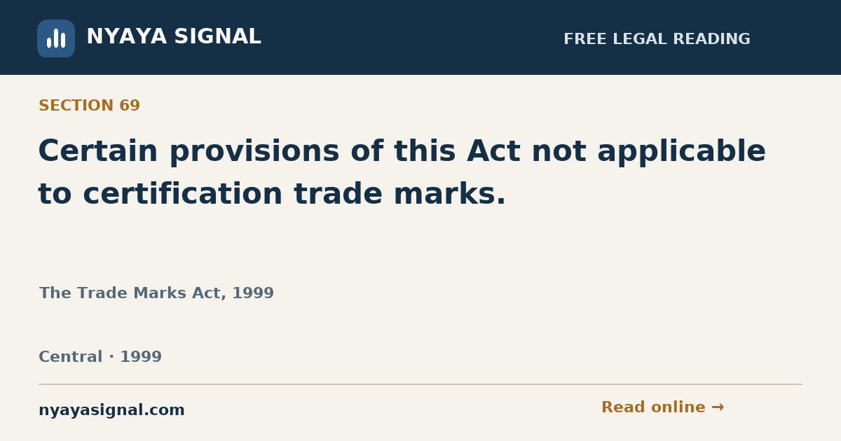 Section 69 — Certain provisions of this Act not applicable to certification trade marks. | The Trade Marks Act, 1999 | NYAYA SIGNAL