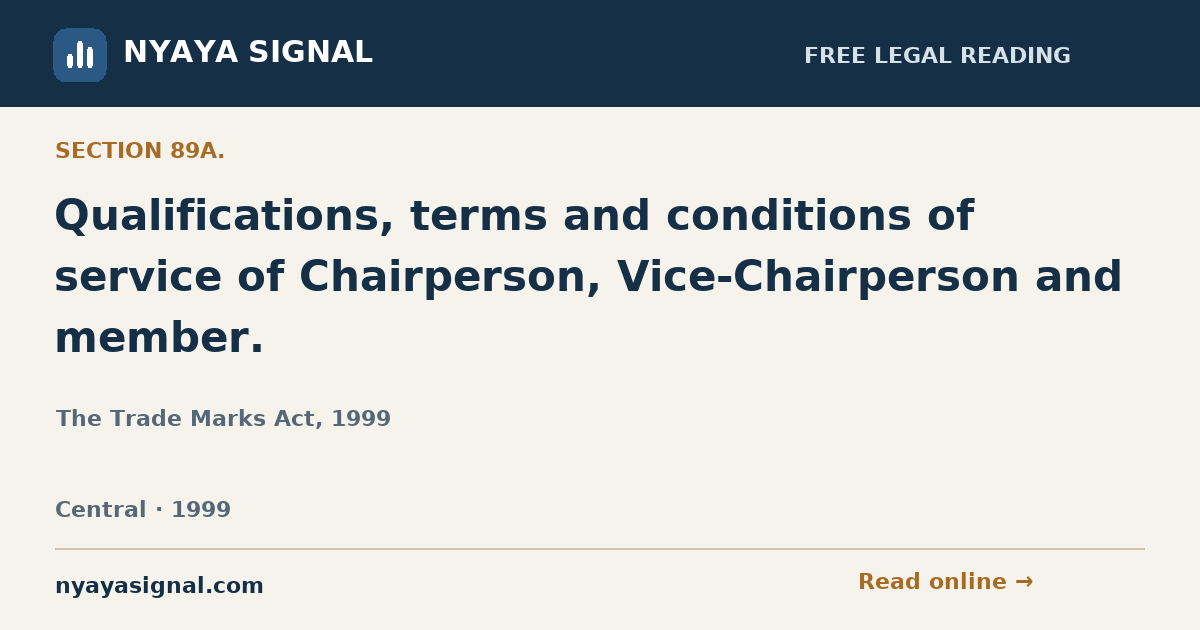 Section 89A. — Qualifications, terms and conditions of service of Chairperson, Vice-Chairperson and member. | The Trade Marks Act, 1999 | NYAYA SIGNAL