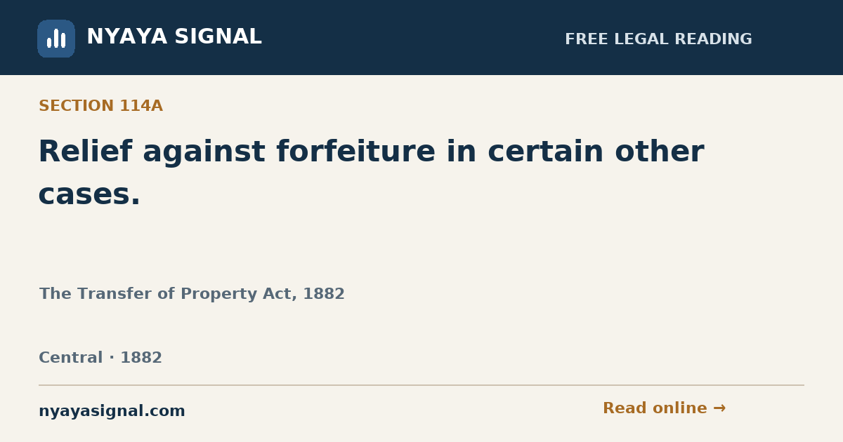 Section 114A — Relief against forfeiture in certain other cases. | The Transfer of Property Act, 1882 | NYAYA SIGNAL