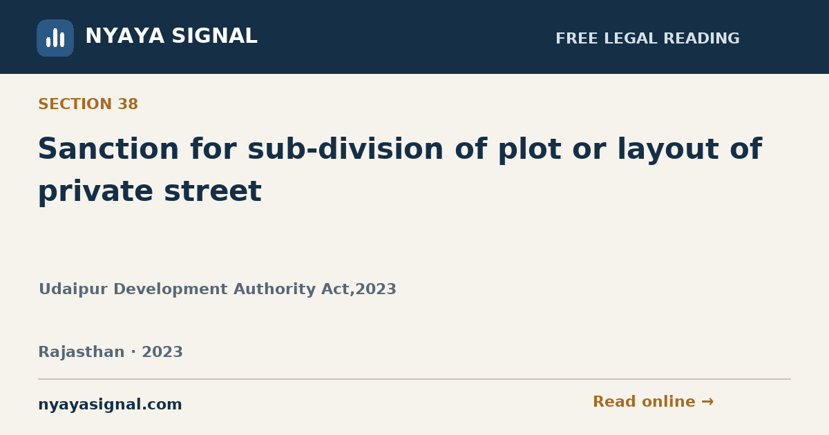 Section 38 — Sanction for sub-division of plot or layout of private street | Udaipur Development Authority Act,2023 | NYAYA SIGNAL