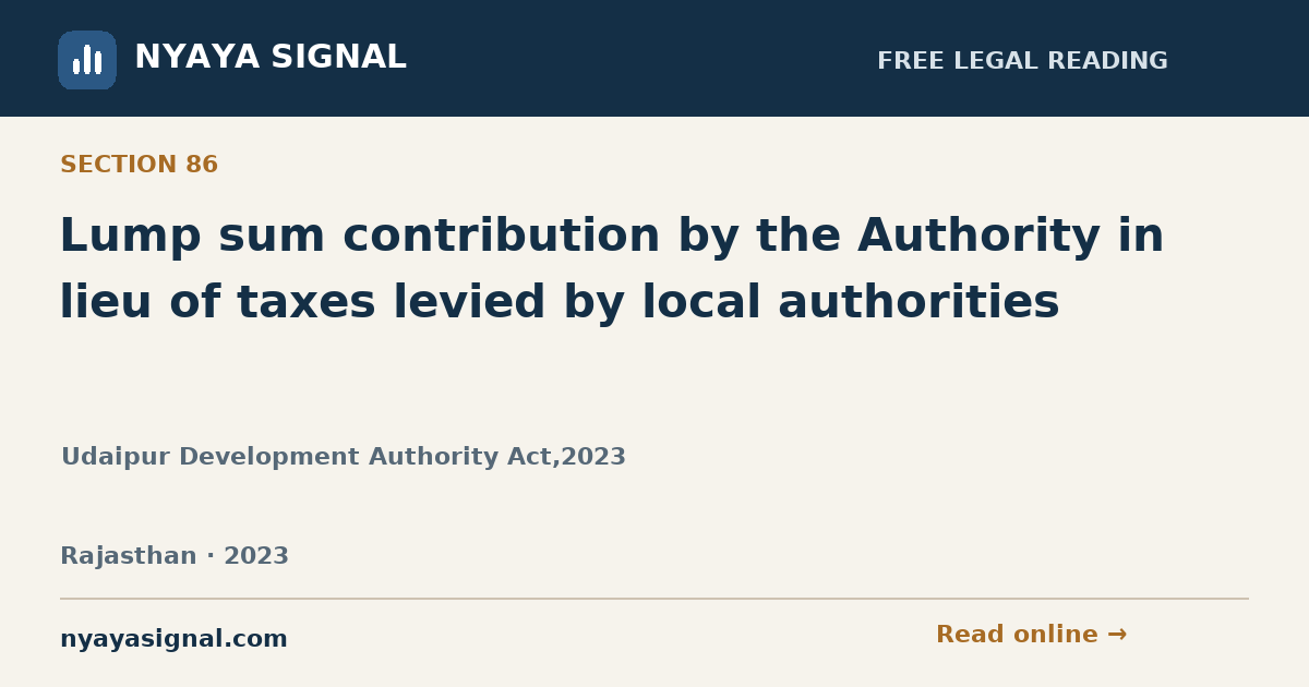Section 86 — Lump sum contribution by the Authority in lieu of taxes levied by local authorities | Udaipur Development Authority Act,2023 | NYAYA SIGNAL