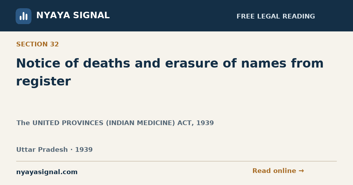 Section 32 — Notice of deaths and erasure of names from register | The UNITED PROVINCES (INDIAN MEDICINE) ACT, 1939 | NYAYA SIGNAL