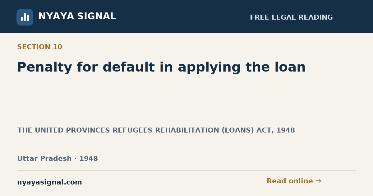 Section 10 — Penalty for default in applying the loan | THE UNITED PROVINCES REFUGEES REHABILITATION (LOANS) ACT, 1948 | NYAYA SIGNAL