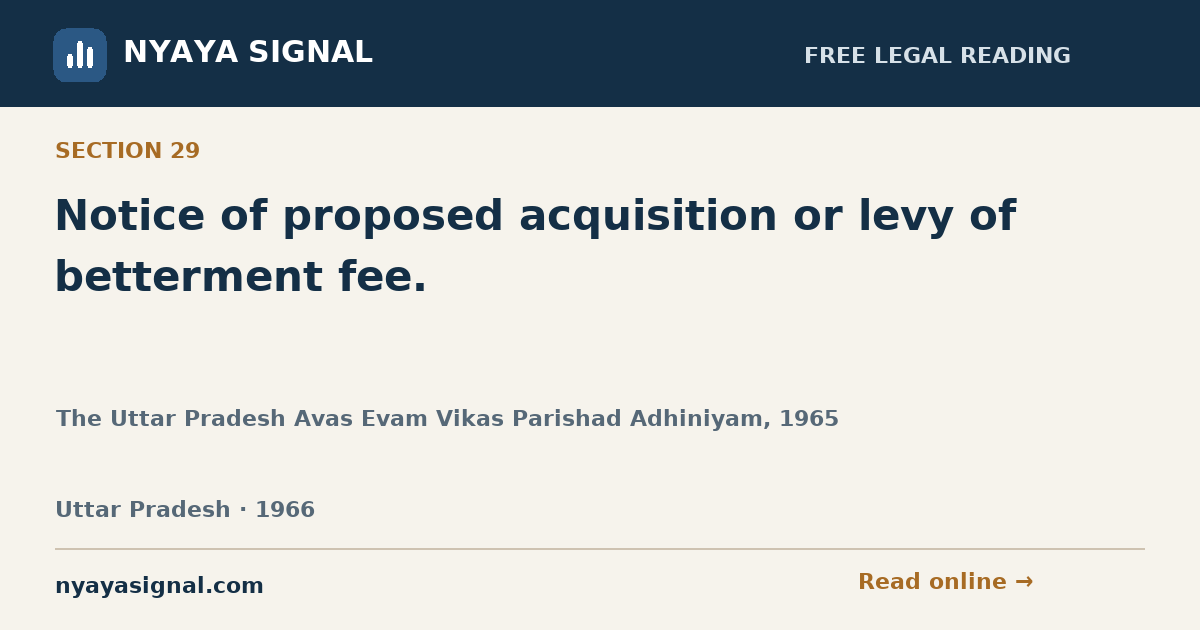 Section 29 — Notice of proposed acquisition or levy of betterment fee. | The Uttar Pradesh Avas Evam Vikas Parishad Adhiniyam, 1965 | NYAYA SIGNAL