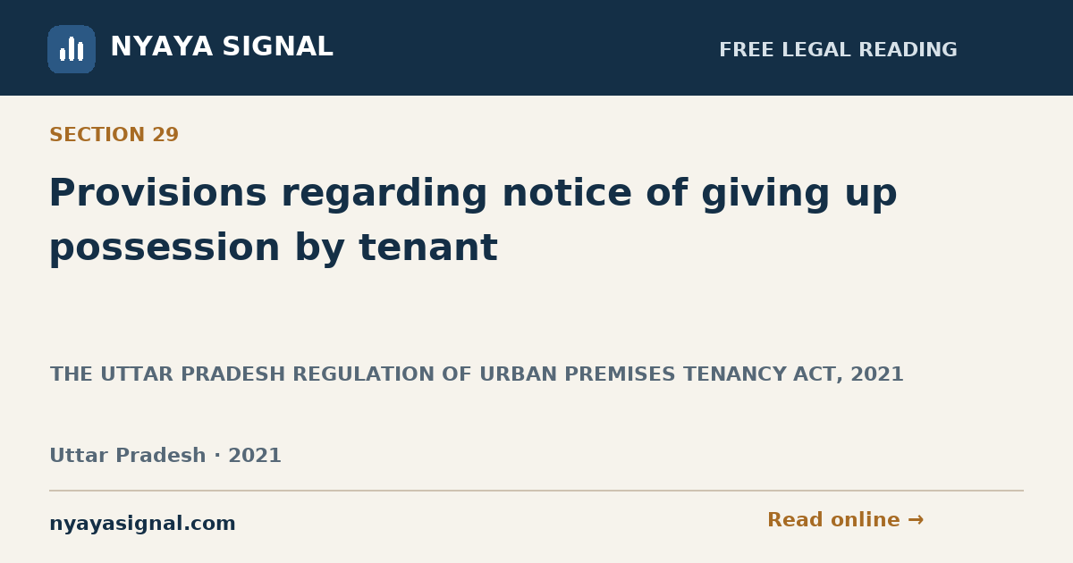 Section 29 — Provisions regarding notice of giving up possession by tenant | THE UTTAR PRADESH REGULATION OF URBAN PREMISES TENANCY ACT, 2021 | NYAYA SIGNAL