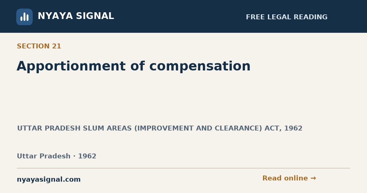 Section 21 — Apportionment of compensation | UTTAR PRADESH SLUM AREAS (IMPROVEMENT AND CLEARANCE) ACT, 1962 | NYAYA SIGNAL