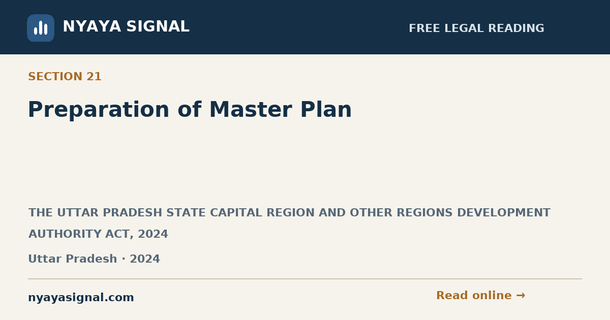 Section 21 — Preparation of Master Plan | THE UTTAR PRADESH STATE CAPITAL REGION AND OTHER REGIONS DEVELOPMENT AUTHORITY ACT, 2024 | NYAYA SIGNAL