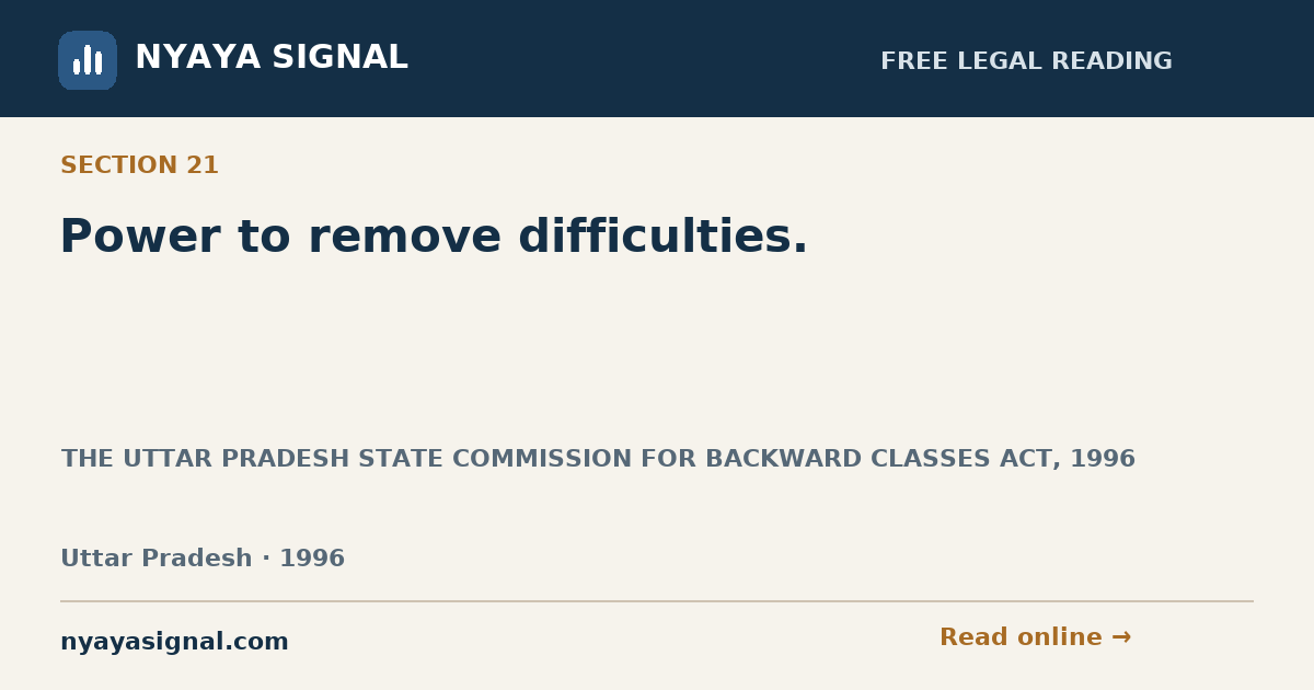 Section 21 — Power to remove difficulties. | THE UTTAR PRADESH STATE COMMISSION FOR BACKWARD CLASSES ACT, 1996 | NYAYA SIGNAL