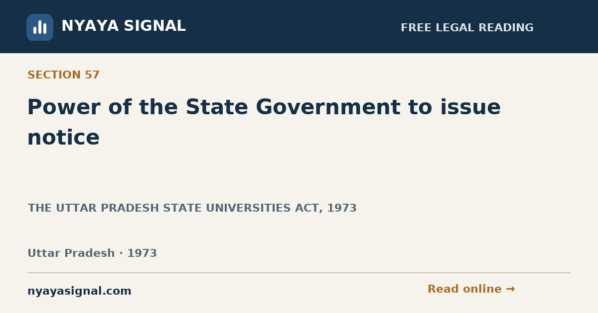 Section 57 — Power of the State Government to issue notice | THE UTTAR PRADESH STATE UNIVERSITIES ACT, 1973 | NYAYA SIGNAL