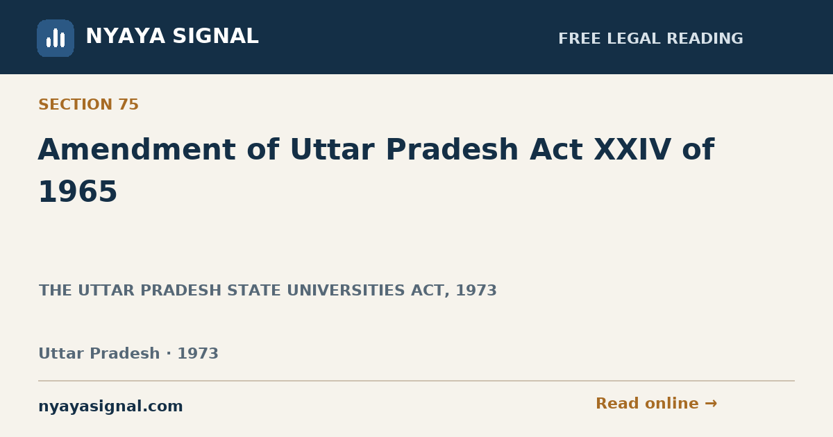 Section 75 — Amendment of Uttar Pradesh Act XXIV of 1965 | THE UTTAR PRADESH STATE UNIVERSITIES ACT, 1973 | NYAYA SIGNAL