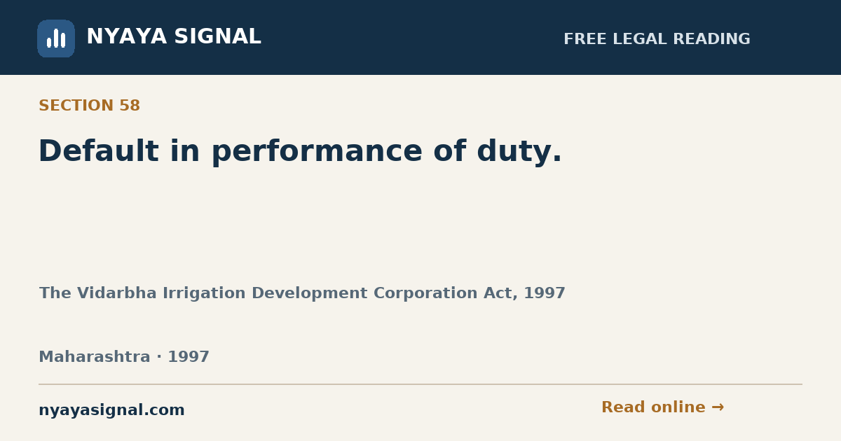 Section 58 — Default in performance of duty. | The Vidarbha Irrigation Development Corporation Act, 1997 | NYAYA SIGNAL